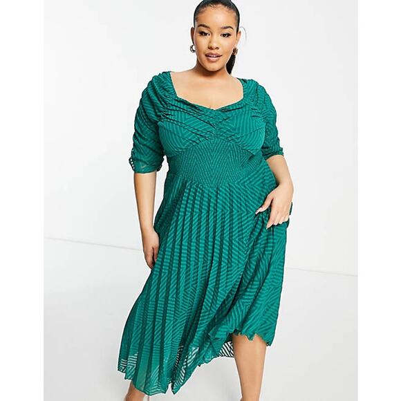 ASOS Dresses & Skirts - Asos Design Curve Ruched Front Pleated Midi Dress Chevron Forest Green NWT 26